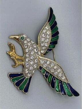 Vintage Large Bird Green Enamel Feathered Crystal Huge Gold Tone Pin Brooch